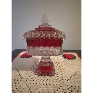 VTG Ruby Stained Pressed Glass Wedding Cake Box Lidded Pedestal Candy Dish 8.25”